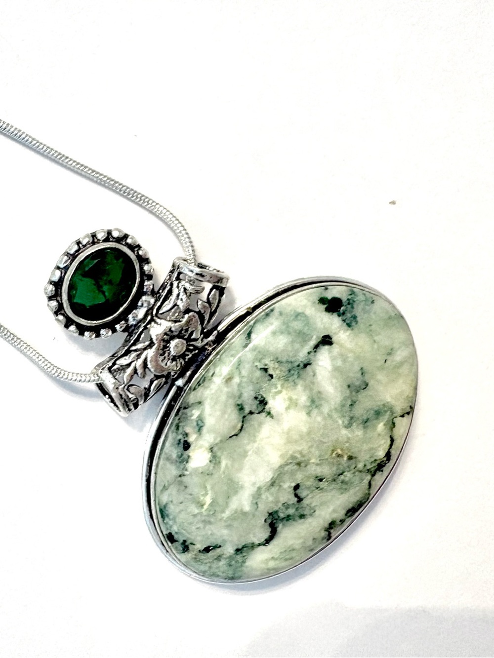 Beautiful, Tree Agate and Green Quartz, 2 inch, 925 marked, pendant .